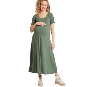 The Nines by Hatch Maternity Maxi Dress Ruched Sleeves Olive Green Sz M NWT